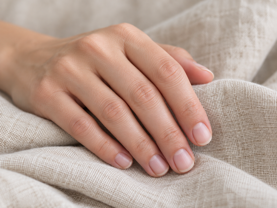 Hand with healthy natural nails resting on soft linen