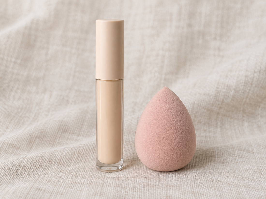 Under-eye concealer tube and pink makeup sponge on linen