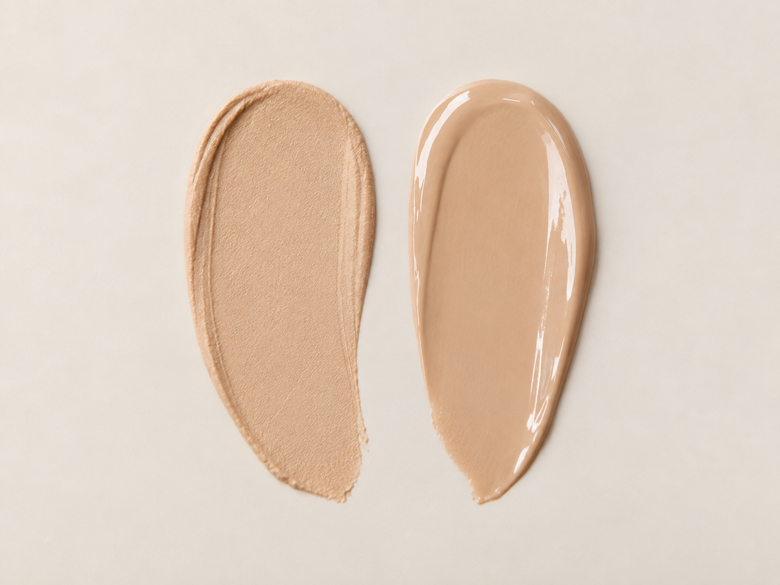 Matte and dewy foundation swatches side by side