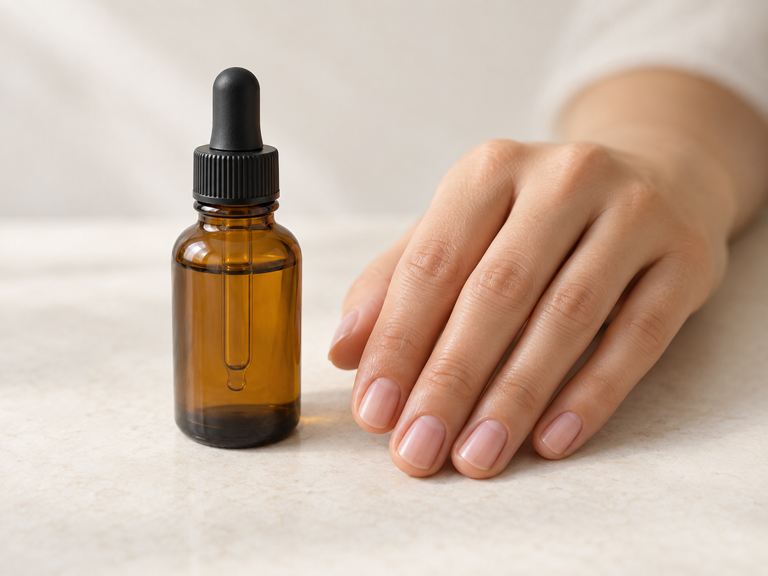 Amber cuticle oil dropper bottle beside a hand with natural nails