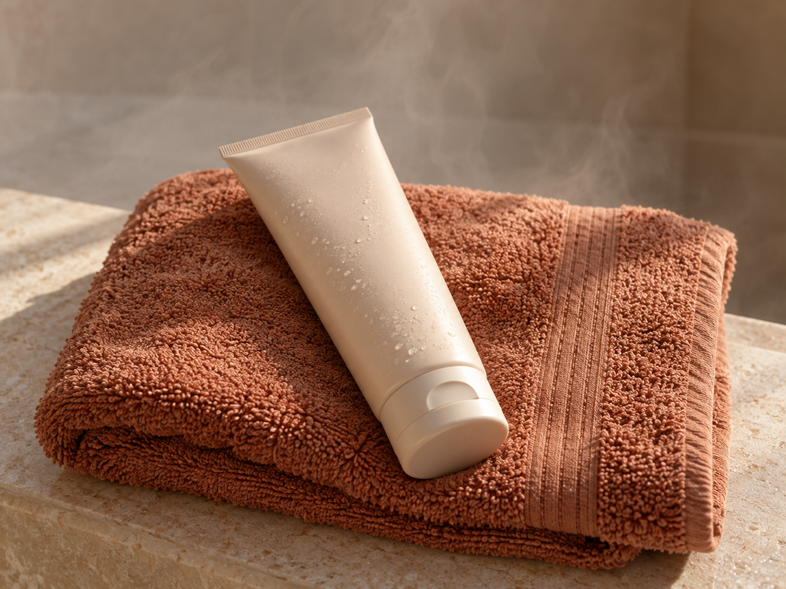 Body serum tube on a warm terracotta towel with gentle steam