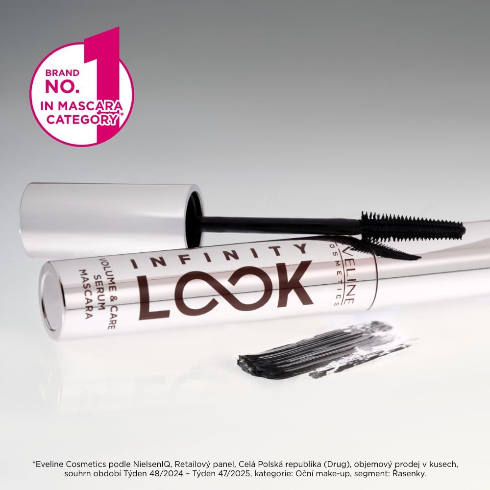 Eveline Infinity Look serum mascara tube lying beside its brush