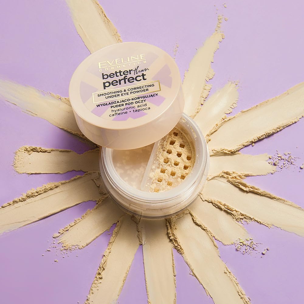 Eveline Better Than Perfect under-eye powder pot open showing the sifter, with powder swatches