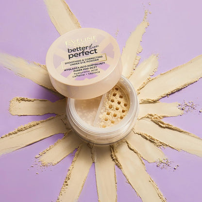 Eveline Better Than Perfect under-eye powder pot open showing the sifter, with powder swatches