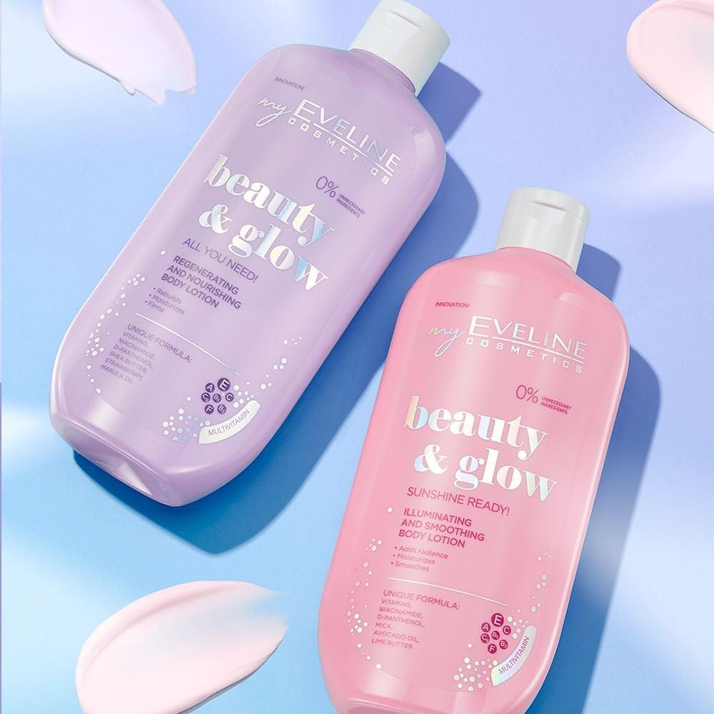 Eveline Beauty & Glow body lotion bottles in lilac and pink with cream swatches