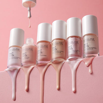Eveline 6-in-1 Care & Colour nail conditioner bottles and their shades
