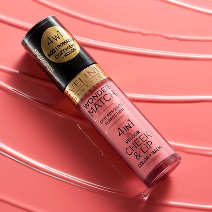 Eveline Wonder Match Velour Cheek & Lip bottle on a pink swatch