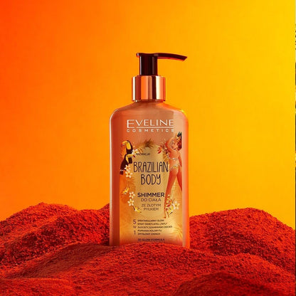 Eveline Brazilian Body Shimmer bottle on orange background