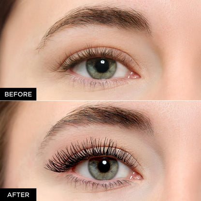 Lashes before and after applying Eveline Infinity Look serum mascara
