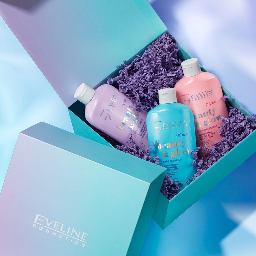 Eveline Beauty & Glow body lotions presented in an Eveline Cosmetics gift box