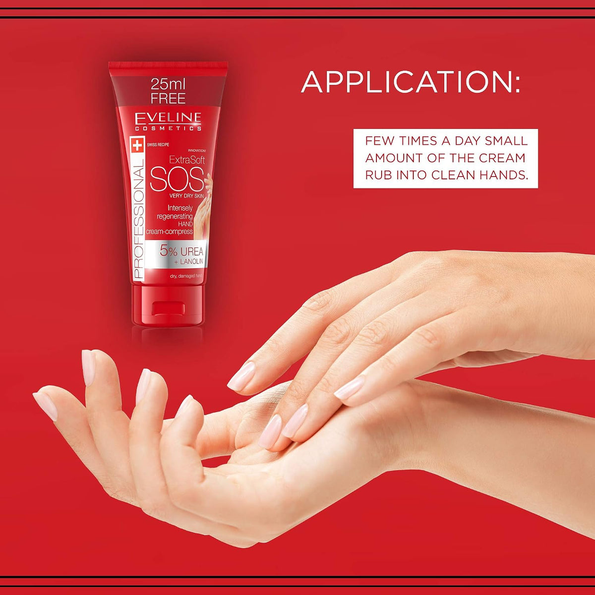 How to apply Eveline Extra Soft SOS hand cream: a small amount rubbed into clean hands a few times a day