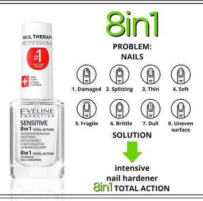 Eveline Cosmetics 8-in-1 Total Action Sensitive Nail Conditioner with Quartz, 12ml