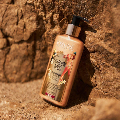 Eveline Brazilian Body Shimmer bottle on sandy rock