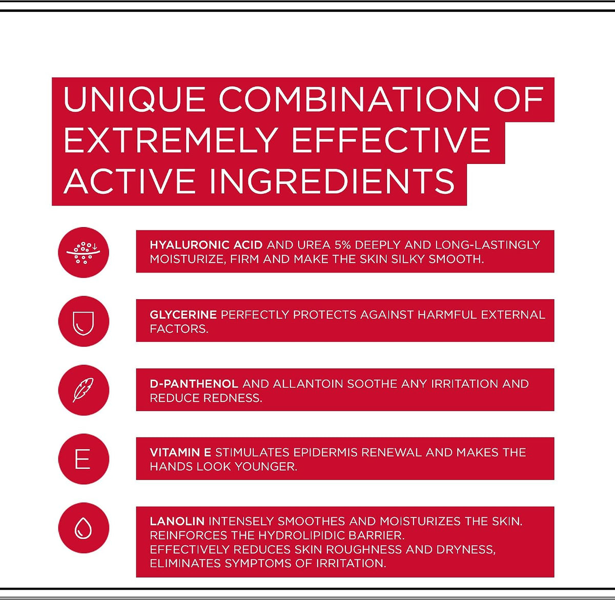 Active ingredients in Eveline Extra Soft SOS hand cream: hyaluronic acid, urea, glycerine, D-panthenol, vitamin E and lanolin