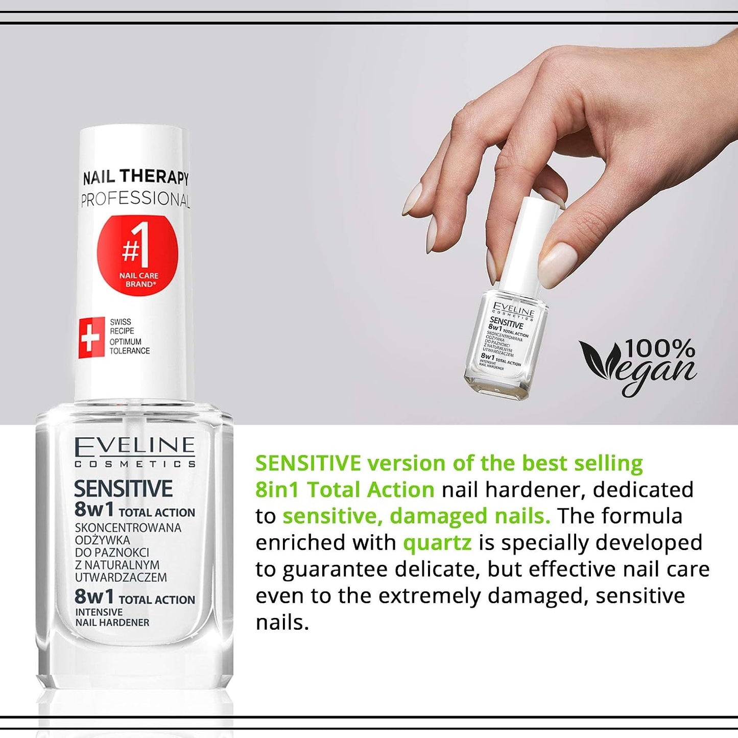 Eveline Cosmetics 8-in-1 Total Action Sensitive Nail Conditioner with Quartz, 12ml