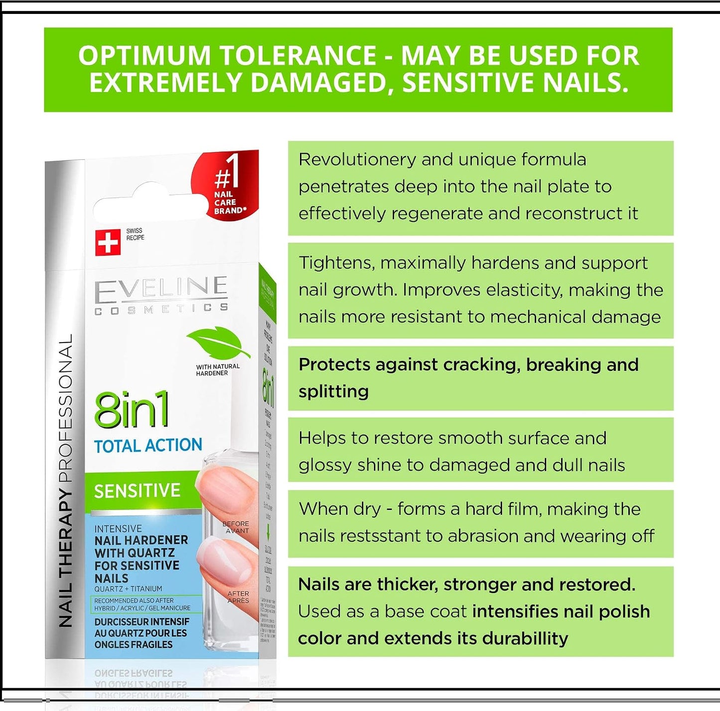 Eveline Cosmetics 8-in-1 Total Action Sensitive Nail Conditioner with Quartz, 12ml