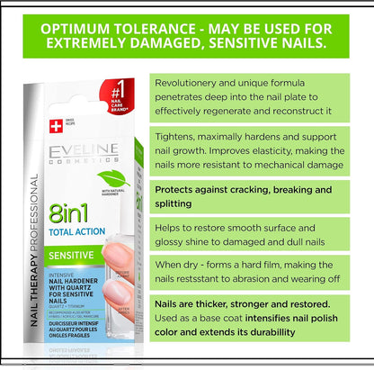 Eveline Cosmetics 8-in-1 Total Action Sensitive Nail Conditioner with Quartz, 12ml